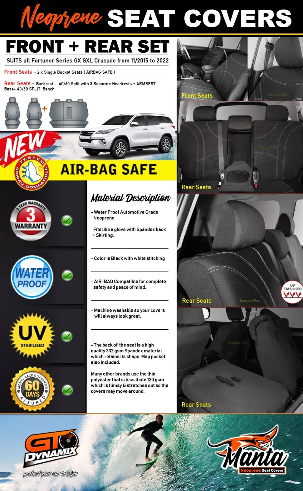 Manta Neoprene 2 Rows Seat Covers For Fortuner GX GXL Crusade 11/2015-2025
