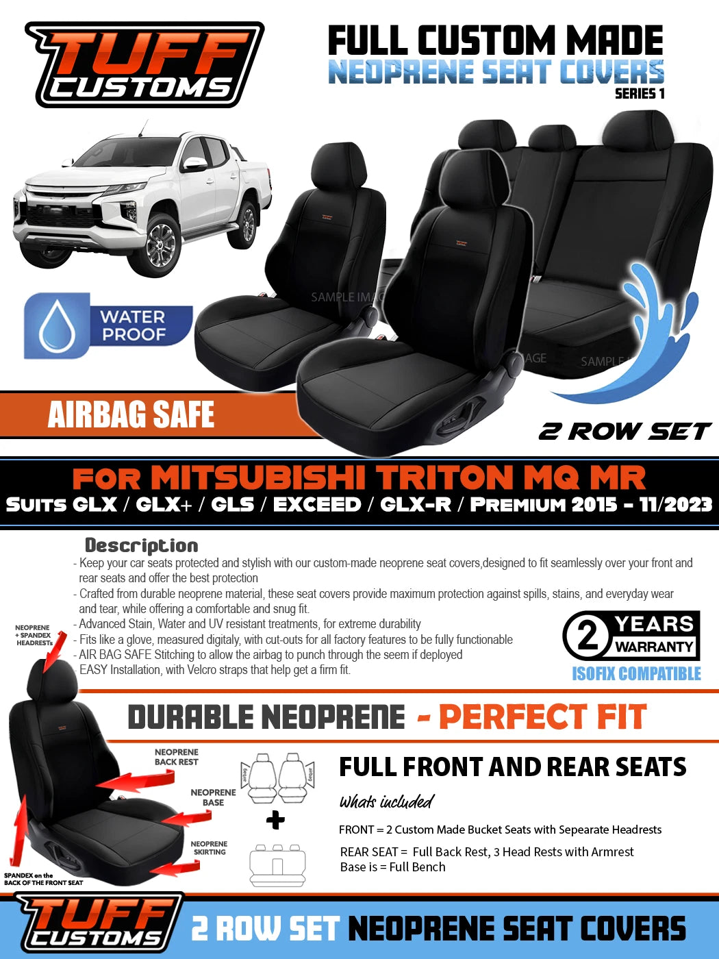 TUFF Customs S1 Neoprene Seat Covers 2 Rows For Mitsubishi Triton MQ MR Dual CAB GLS GLR GLX 1/2015-2023