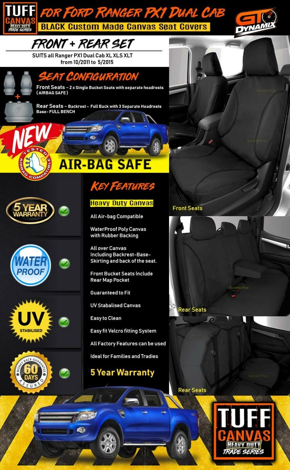 TUFF HD TRADE Canvas Seat Covers Ford RANGER PX2 PX3 XLT XL 2Row 6/2015-2022 CHARCOAL