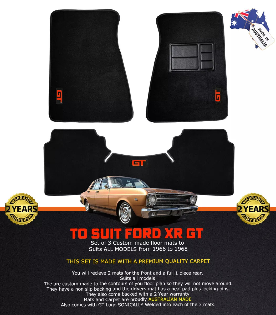 Custom Made Floor Mats for Ford XR GT Falcon 1966-68 3 Piece Set RED LOGO BLACK