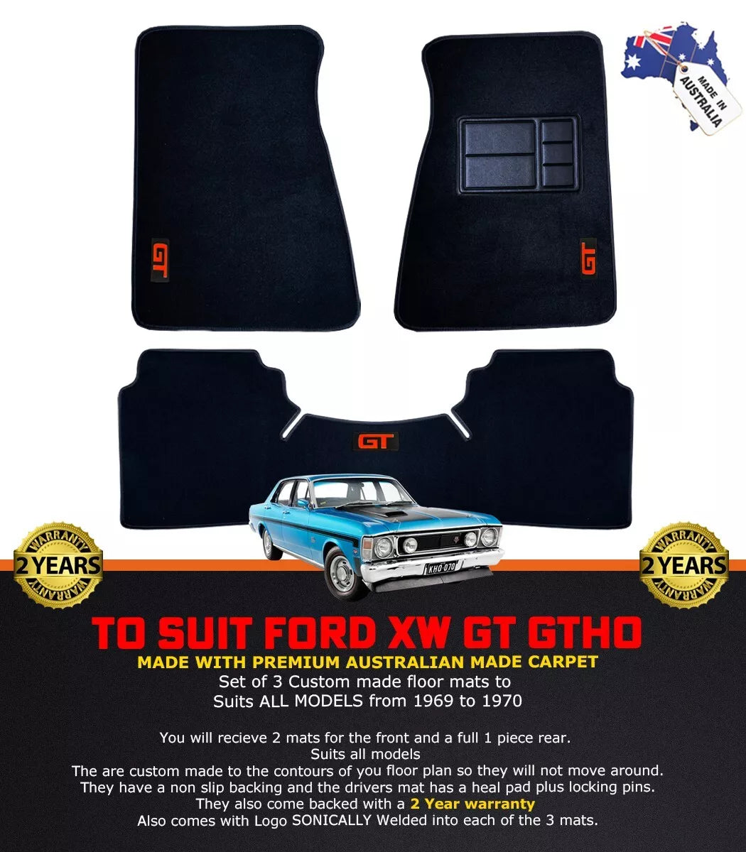 Custom Made Floor Mats 2 Rows For Ford XW GT GTHO 1969-1970 3 Piece Set RED LOGO BLACK