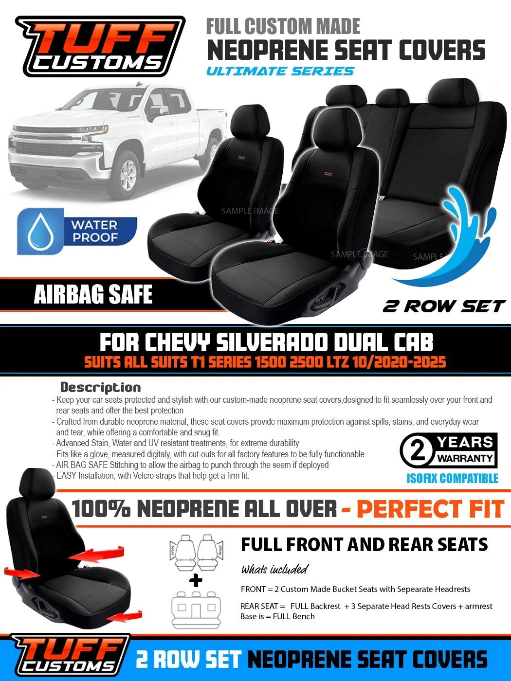 Tuff Customs Neoprene Seat Covers For Chevrolet Silverado T1 1500 2500 10/2022-2025 2 Rows Black