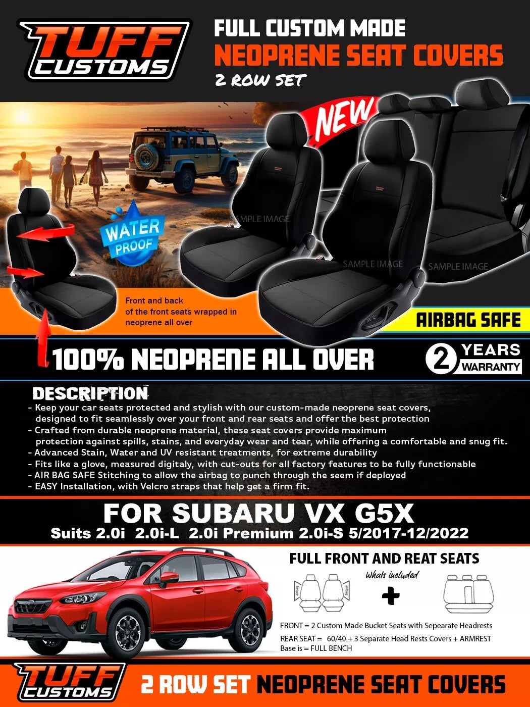 TUFF Customs Neoprene Seat Covers For Subaru XV 2.0i-L Premium 2.0i-S 2017-2022 2 Rows Black