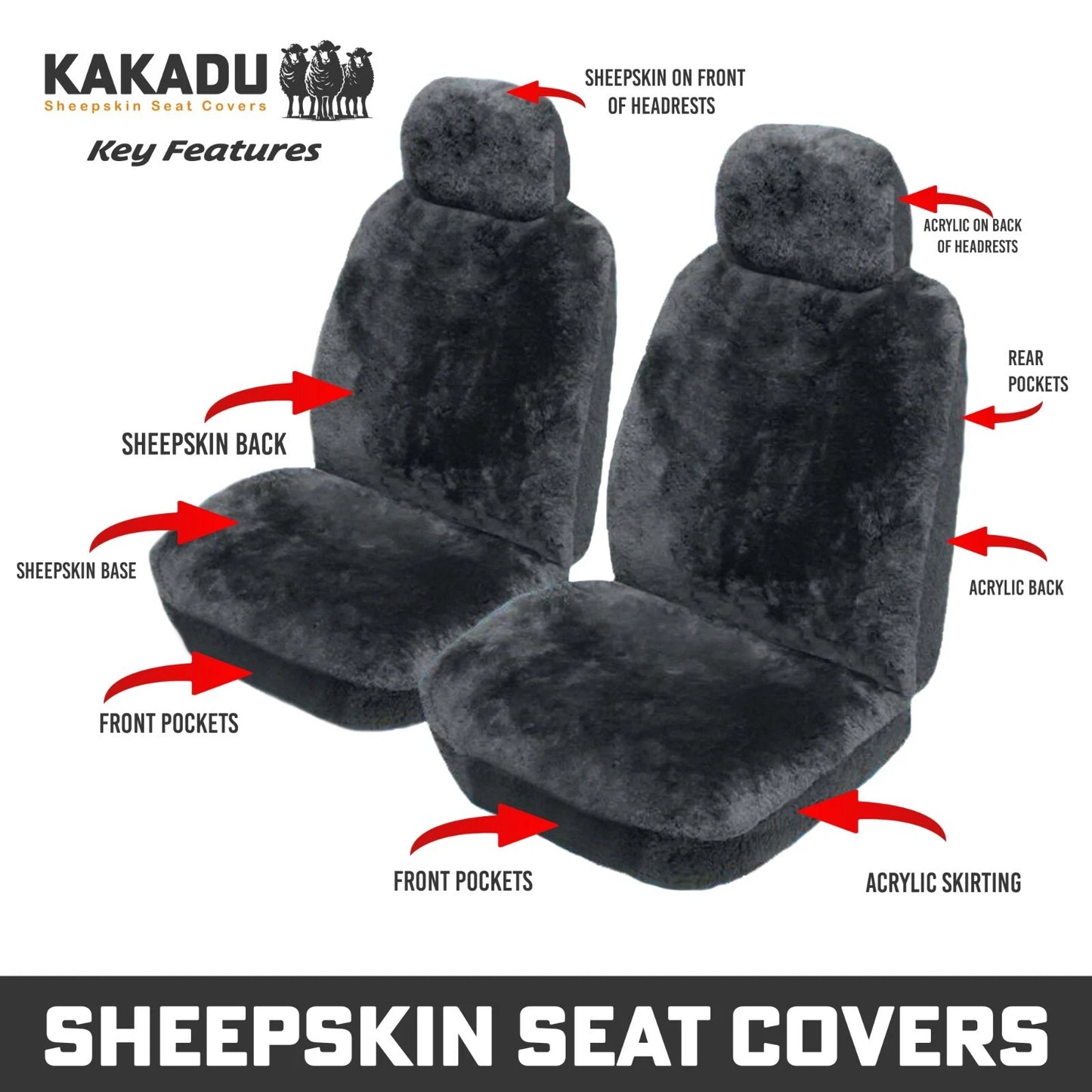 KAKADU Select Front Sheepskin Seat Covers 5 Year Warranty 25mm AIR-BAG GREY