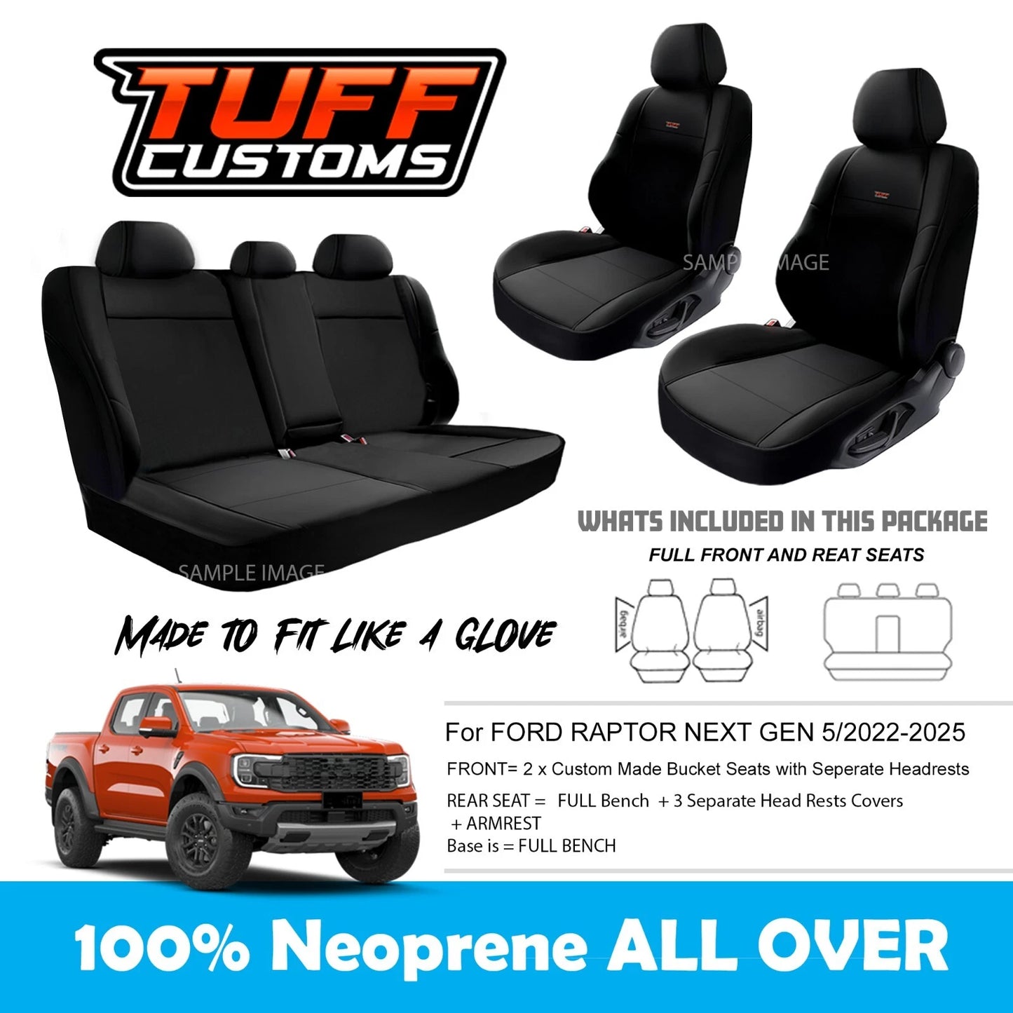 Tuff Customs Neoprene Seat Covers 2 Rows For FORD RANGER NEXT GEN RAPTOR 5/2022-2025