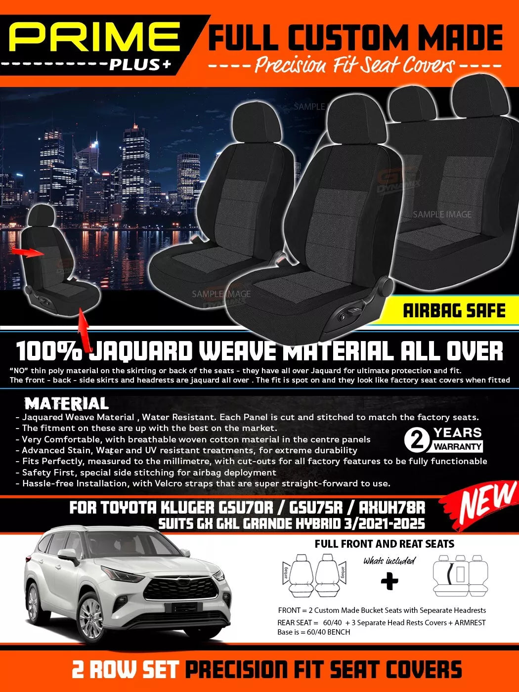PRIME PLUS Seat Covers 2 Rows Black For Toyota KLUGER GX GXL GRANDE Hybrid 3/2021-2025