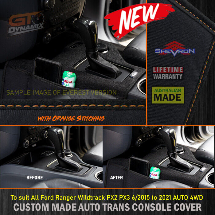 Shevron Transmission Console Cover + Orange Stitching For Ford Ranger PX2 PX3 4WD 6/2015-4/2022
