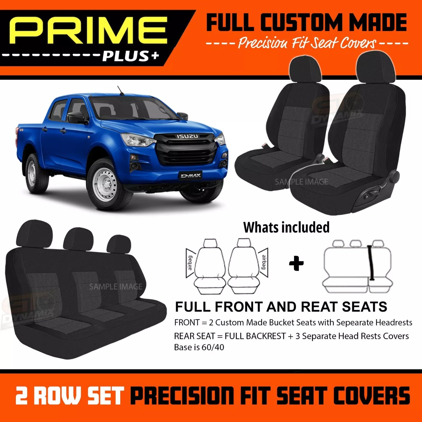 PRIME PLUS Seat Covers 2 Rows Black For Isuzu Dmax D-Max TF SX MODELS ONLY 6/2021-2025