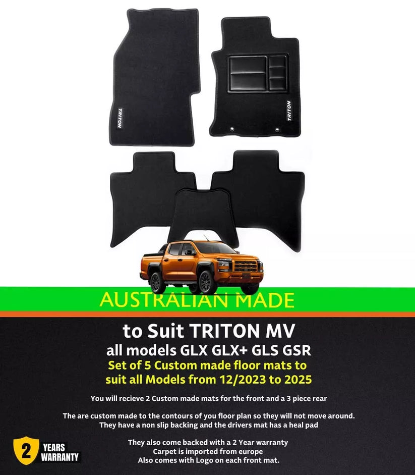 Custom Made Floor Mats 2 Rows For Mitsubishi Triton MV GLX GLS GSR 12/2023-2025 BLACK