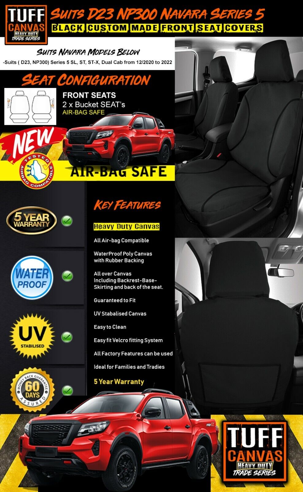 TUFF HD TRADE Canvas Seat Covers Front For Nissan D23 Navara NP300 S5 ST ST-X 2021-2023 Black