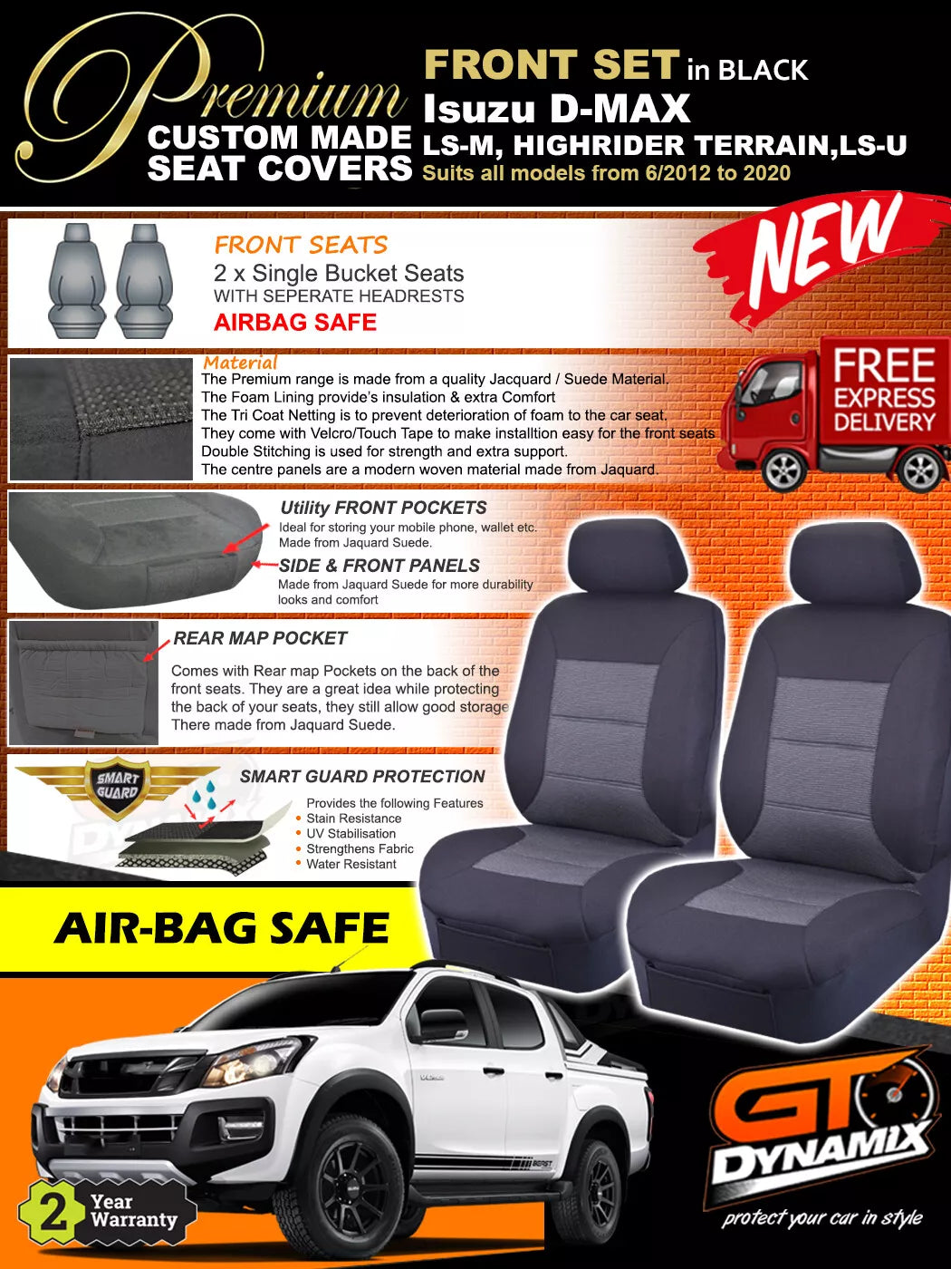 Premium Seat Covers Front Black For Isuzu Dmax D-Max TF LS-M LS-U SX High 6/2012-2020