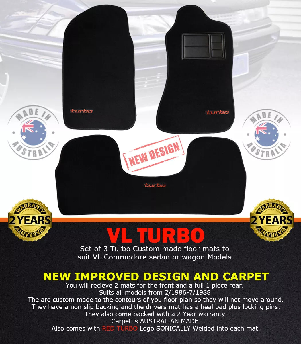Custom Made Floor Mats Set of 3 BLACK with Red Badge VL TURBO Calais BT1 Berlina SL