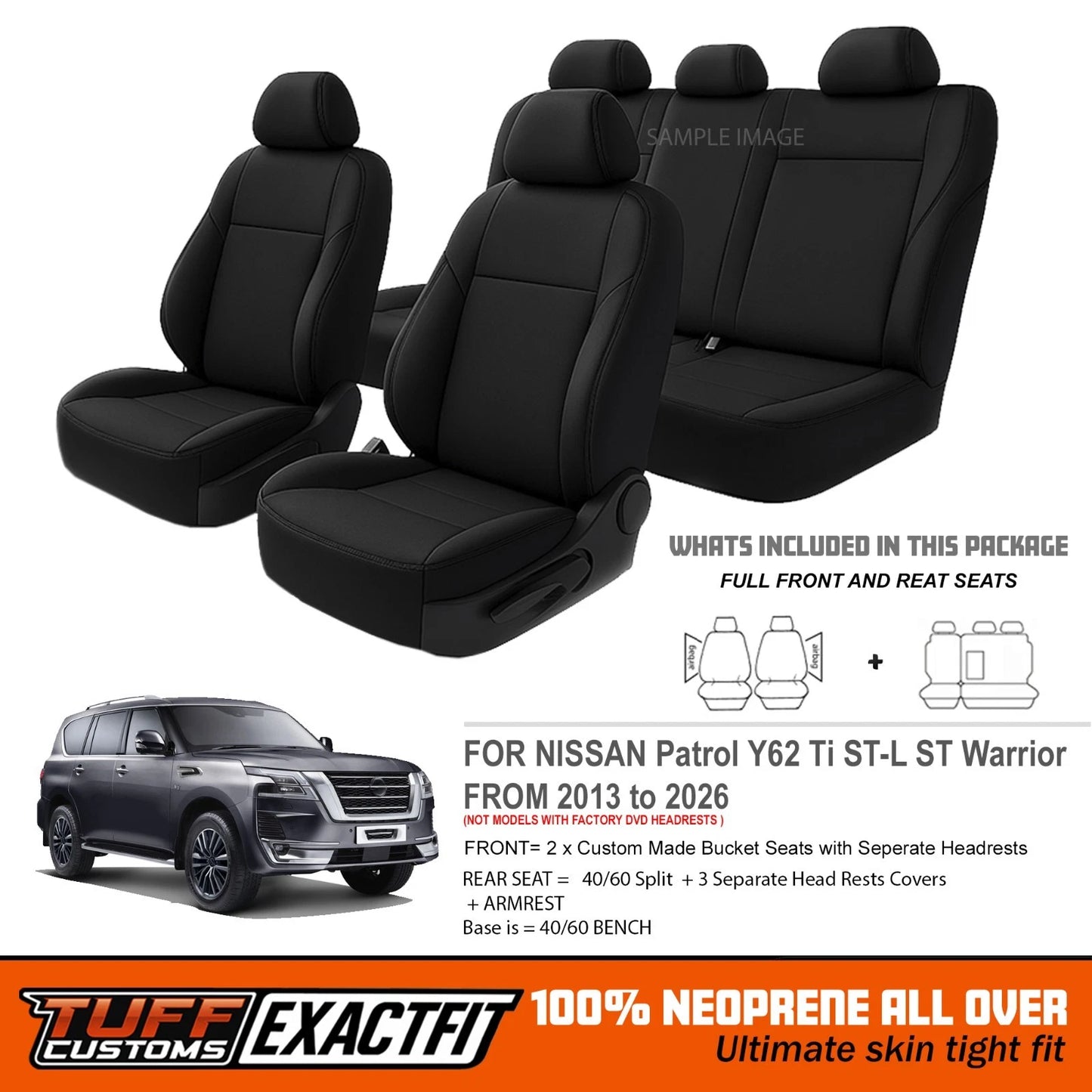 TUFF Customs ExactFit Neoprene Seat Covers Nissan Patrol Y62 ST Ti Ti-L ST-L Warrior 2013/2025 2 Rows