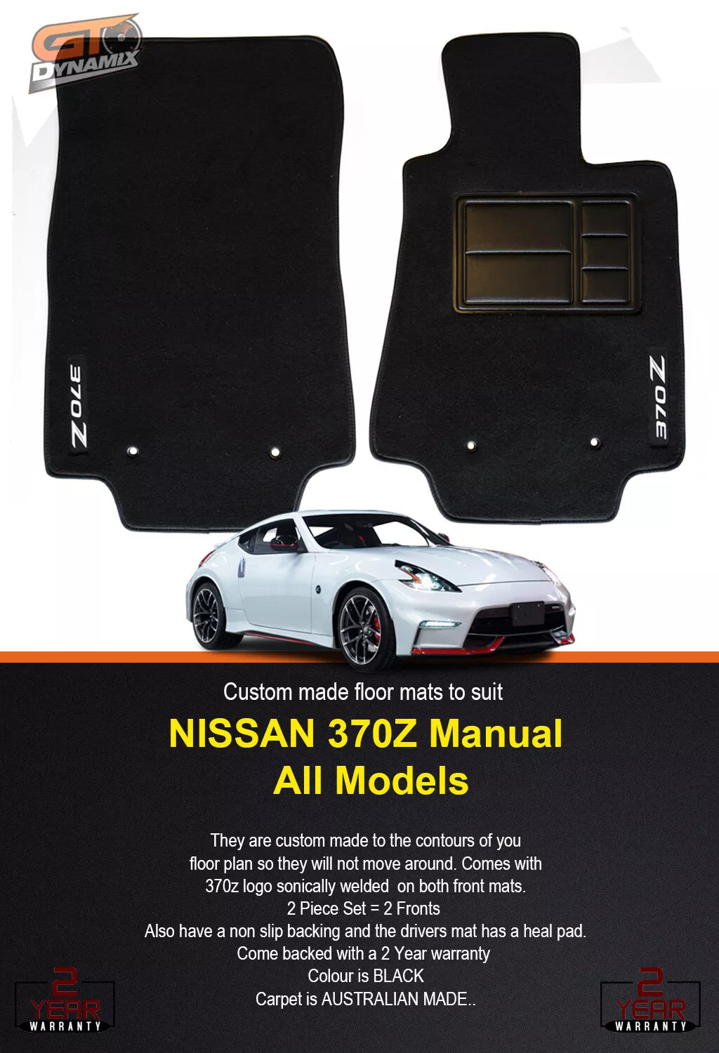 Custom Made Floor Mats Set of 2 FRONT For Nissan 370Z Manual 2009-2023 Logo BLACK