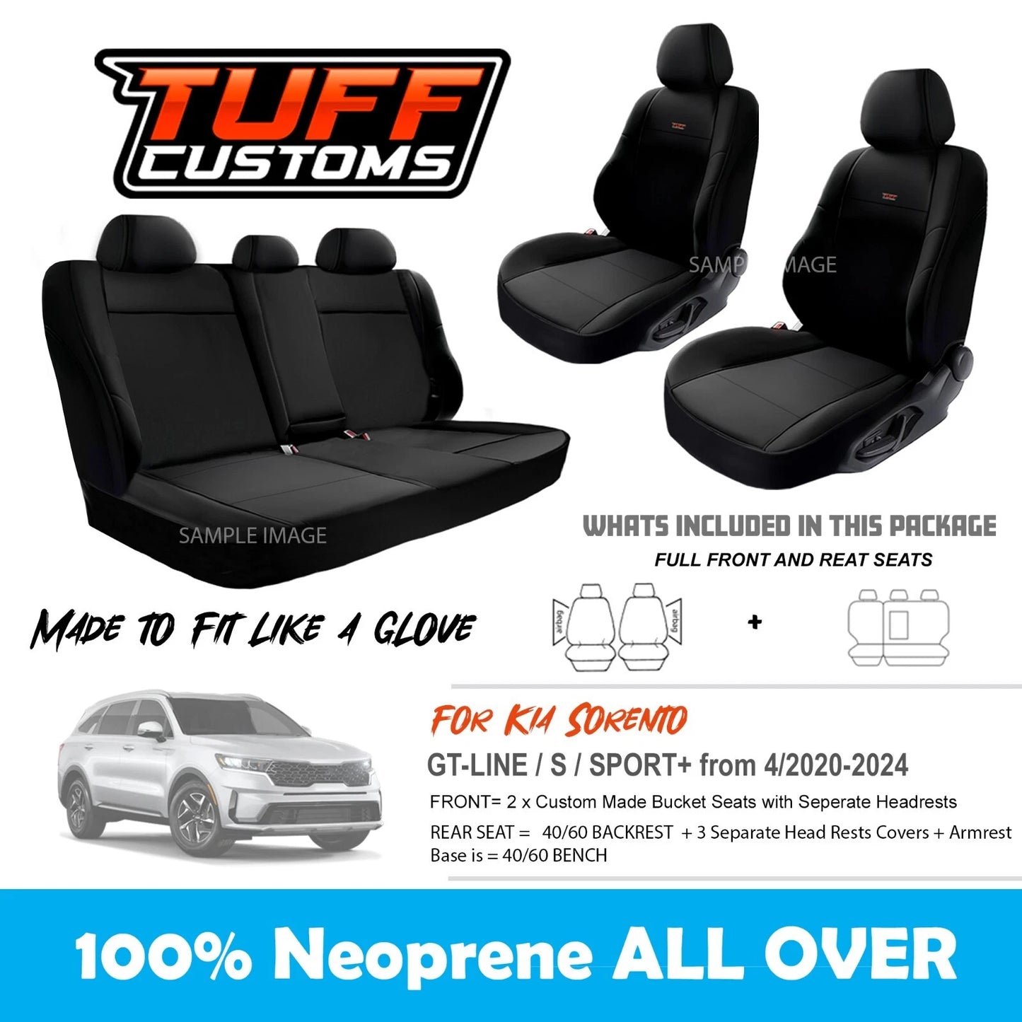 TUFF Customs Neoprene Seat Covers 2 Rows For Kia Sorento GT-Line S Sport 4/2020-2024