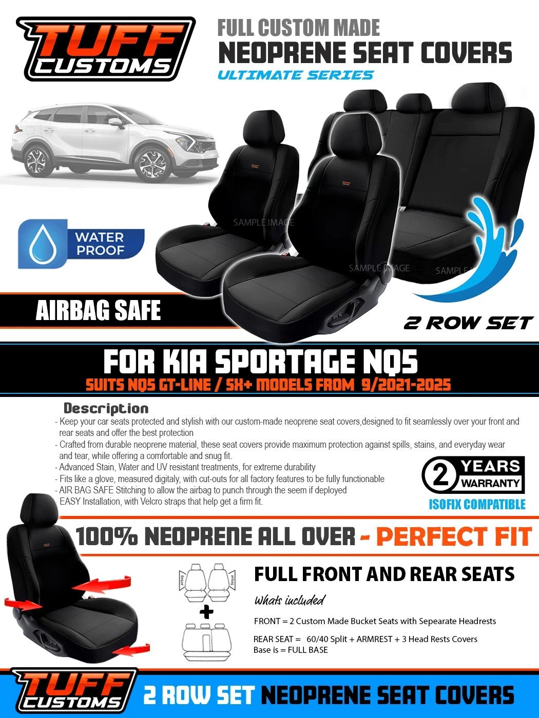 TUFF Customs Neoprene Seat Covers 2 Rows For Kia Sportage NQ5 SX+ GT LINE 9/2021-2024