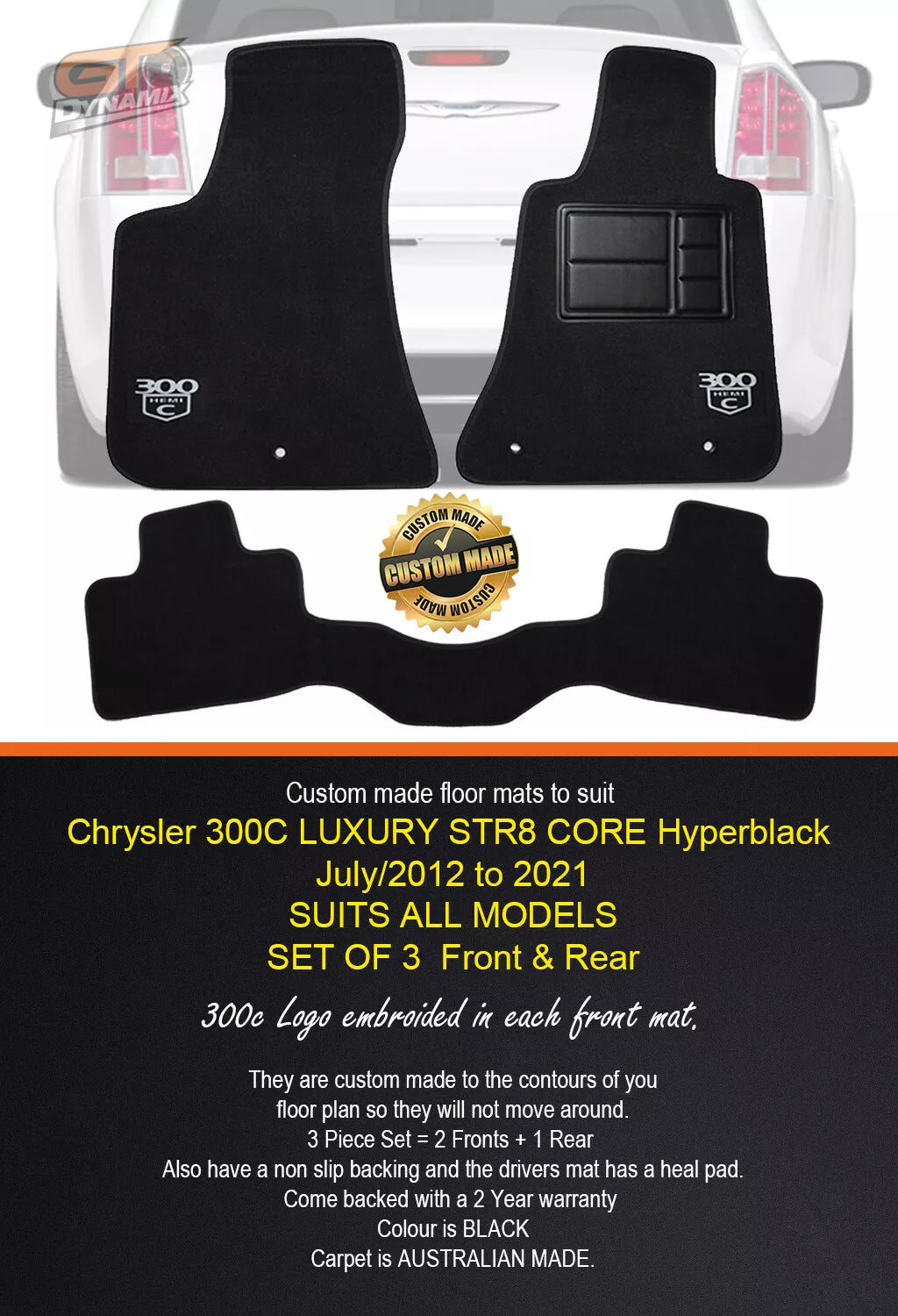Custom Made Floor Mats 2 Rows For CHRYSLER 300C SRT8 CORE LUXURY w/ 300c LOGO 2012-21 BLACK