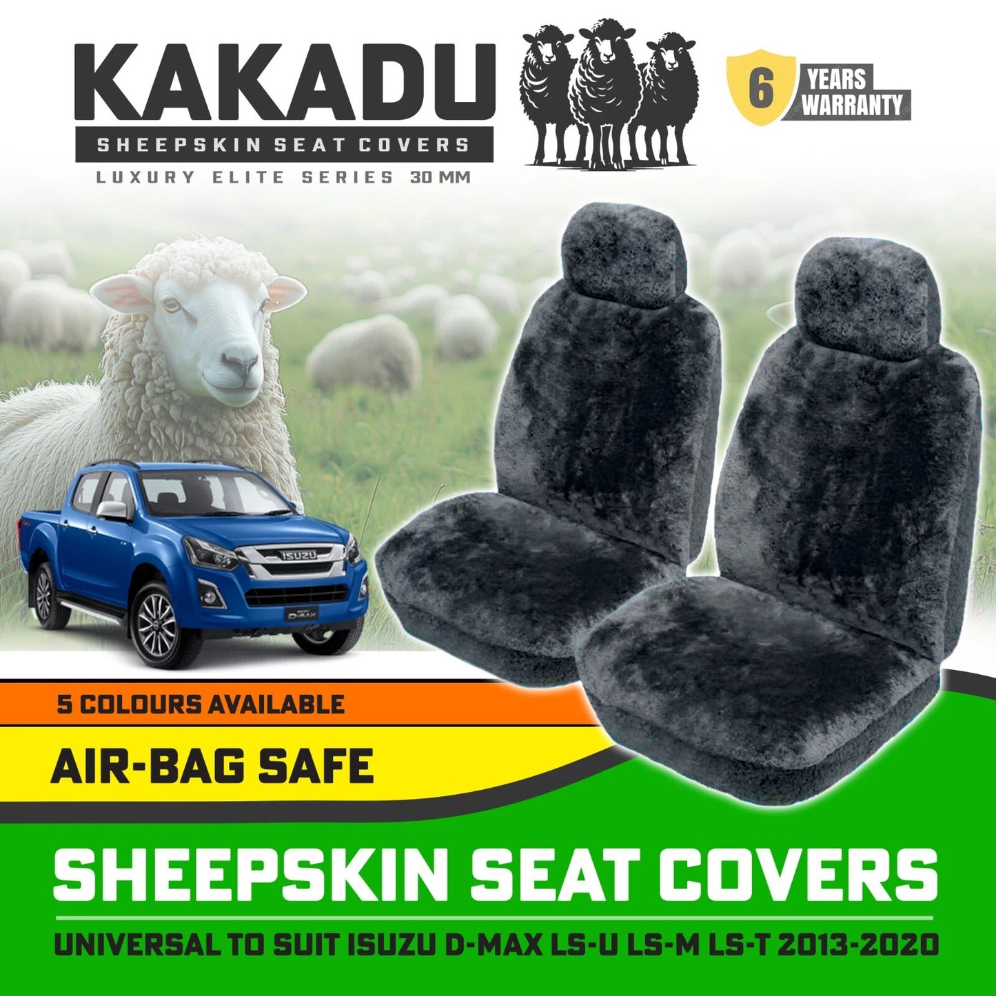 KAKADU Luxury Sheepskin Seat Covers Suits Isuzu D-MAX 2013-2020 30mm 5Colours 6YRW