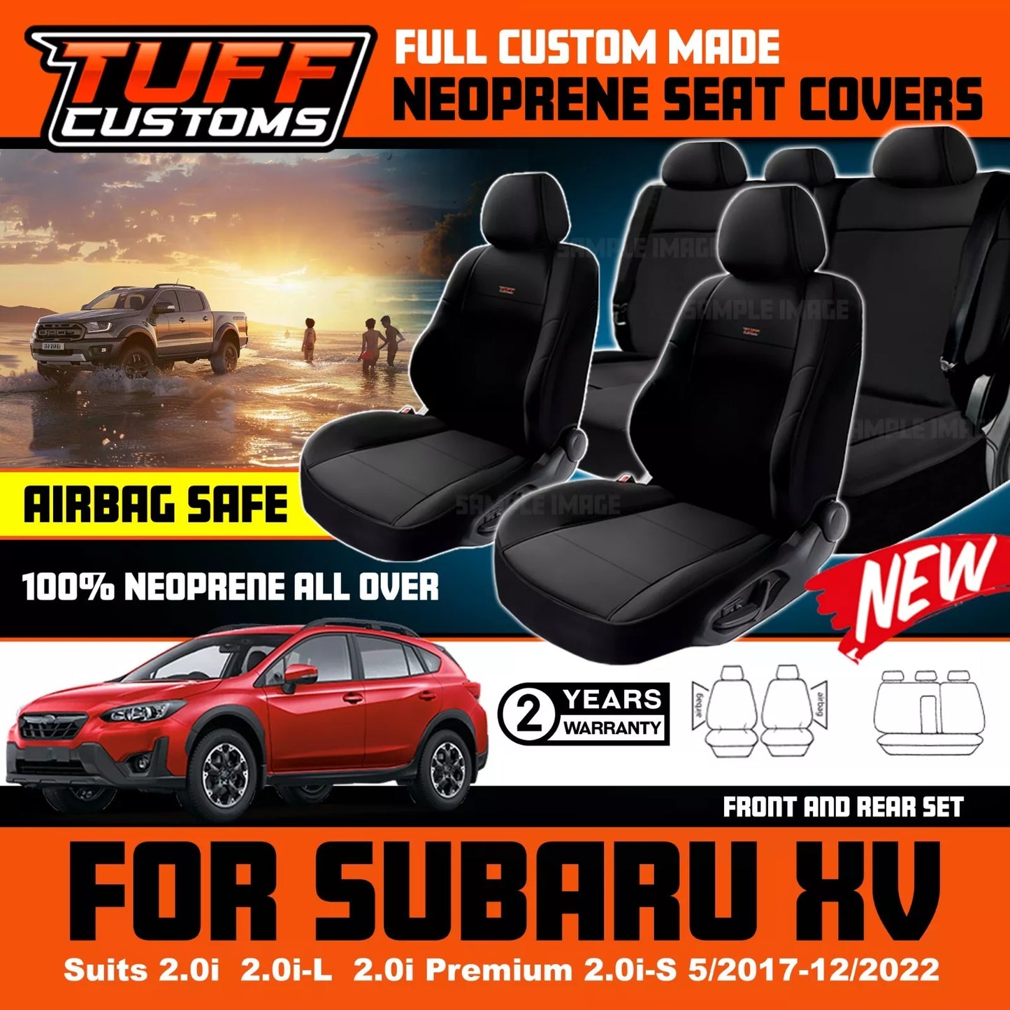 TUFF Customs Neoprene Seat Covers For Subaru XV 2.0i-L Premium 2.0i-S 2017-2022 2 Rows Black