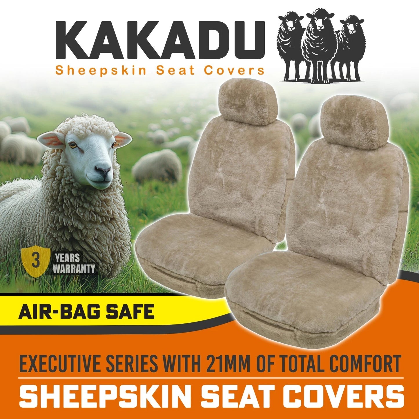 KAKADU Executive Front Sheepskin Seat Covers 3 Year Warranty 21mm AIR-BAG MOCHA