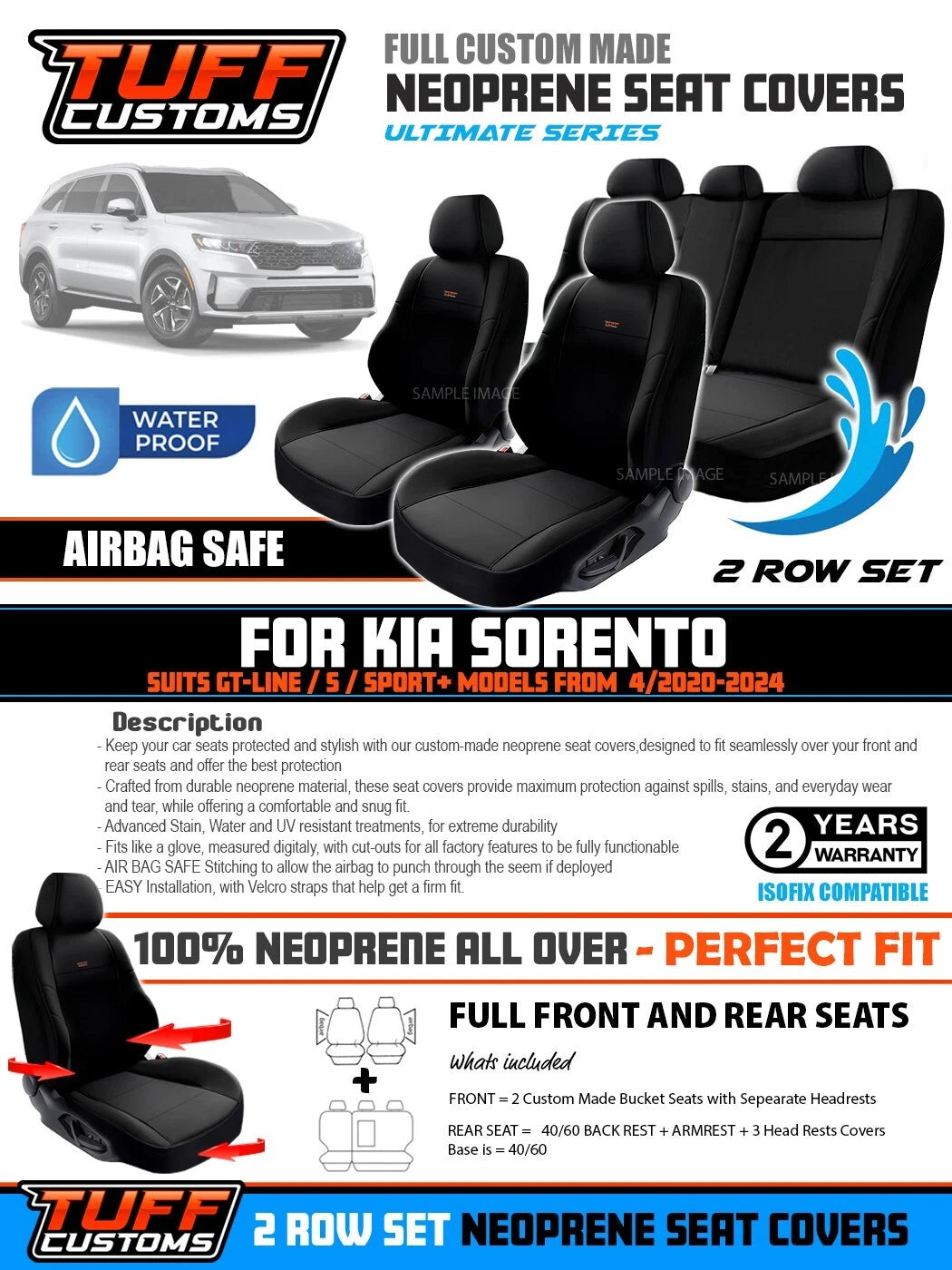 TUFF Customs Neoprene Seat Covers 2 Rows For Kia Sorento GT-Line S Sport 4/2020-2024