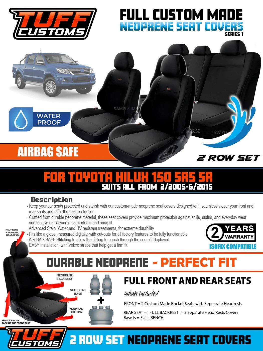 TUFF Customs S1 Neoprene Seat Covers 2 Rows for Toyota Hilux 150 SR5 SR Dual Cab 2005-2015