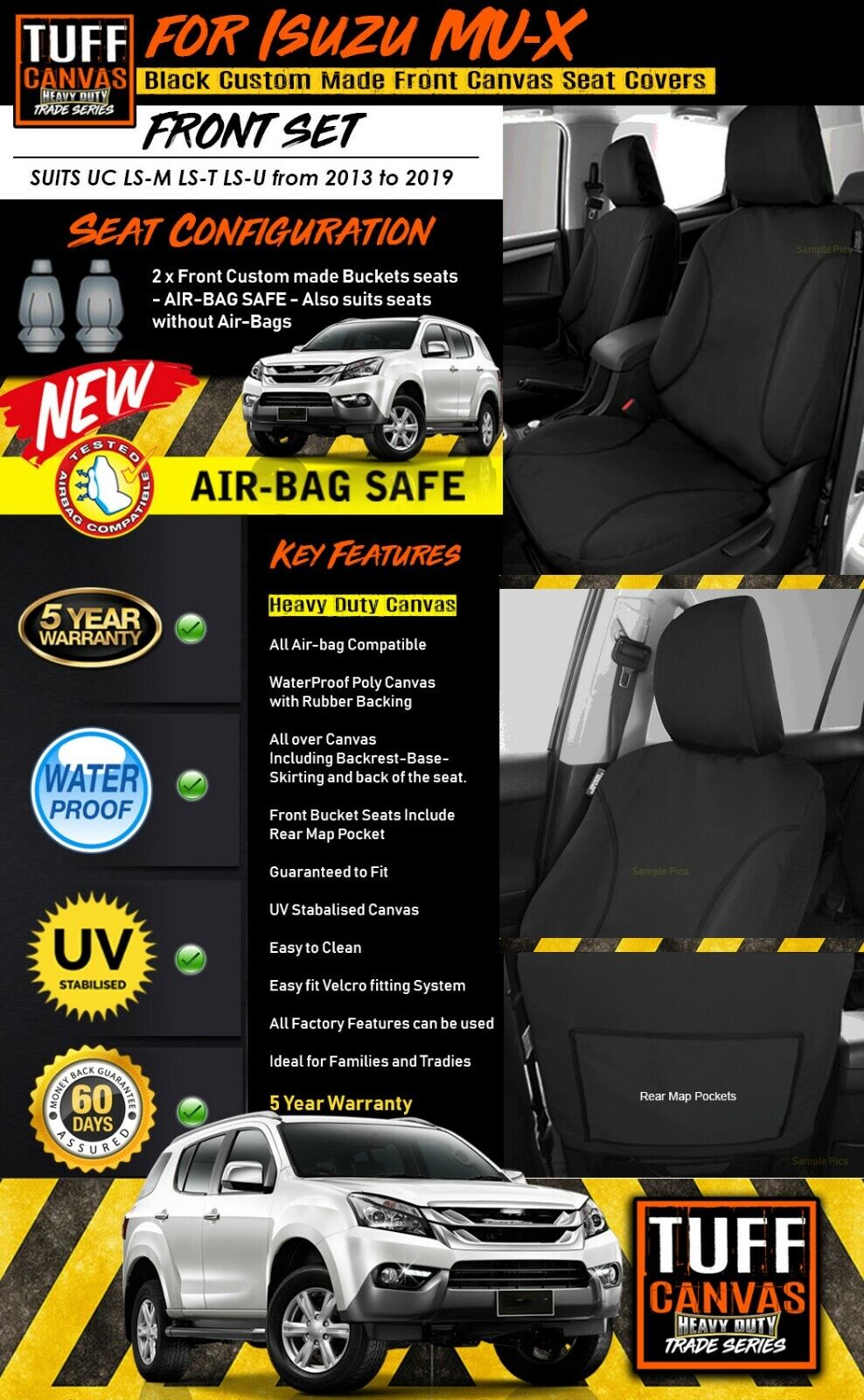 TUFF HD TRADE Canvas Seat Covers Front For Isuzu MUX MU-X LS-M LS-T LS-U 2013-2019 Black