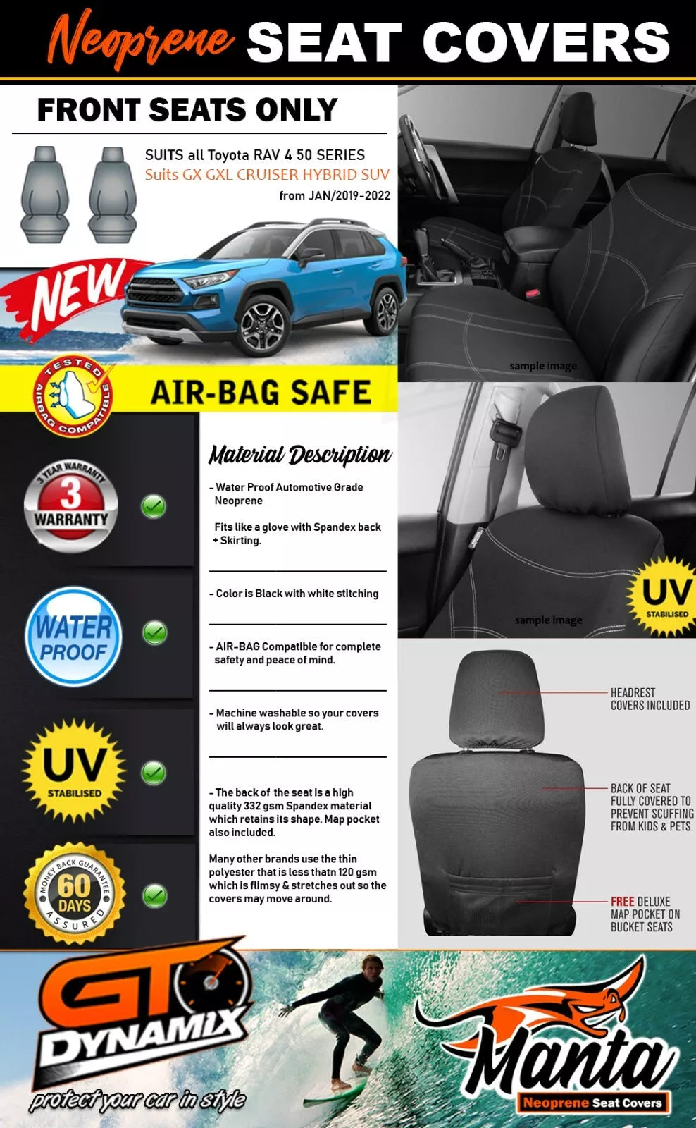 Manta Neoprene Front Seat Covers For RAV 4 50 Series GX GXL HYBRID SUV 2019-2025