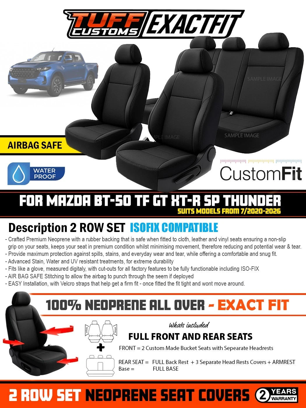 TUFF Customs EXACTFIT Neoprene Seat Covers Mazda BT-50 TF SP GT XT-R THUNDER 7/2020-2026 2 Rows