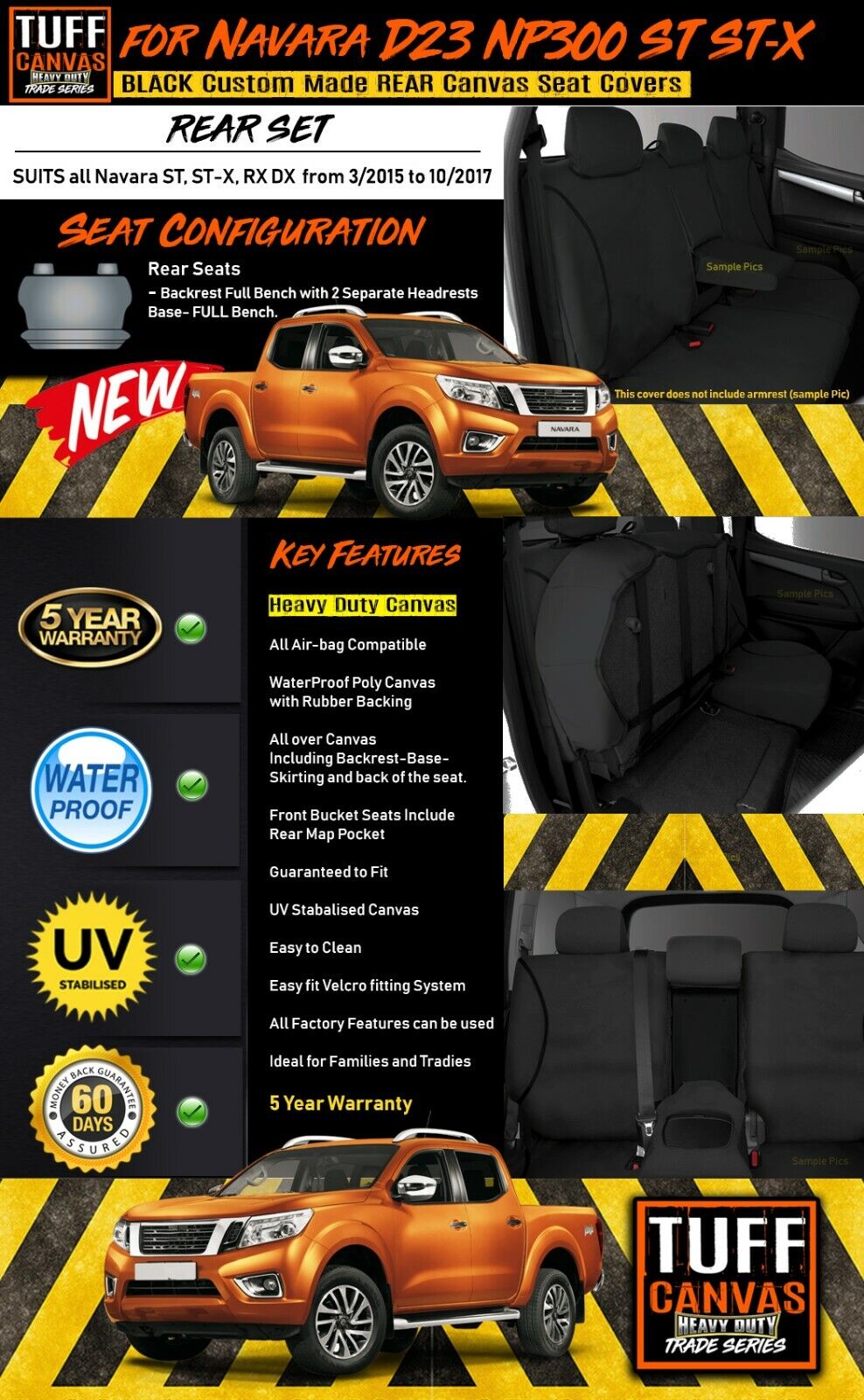 TUFF HD TRADE Canvas Seat Covers Rear For Nissan Navara D23 NP300 ST ST-X 3/2015-10/2017 Black
