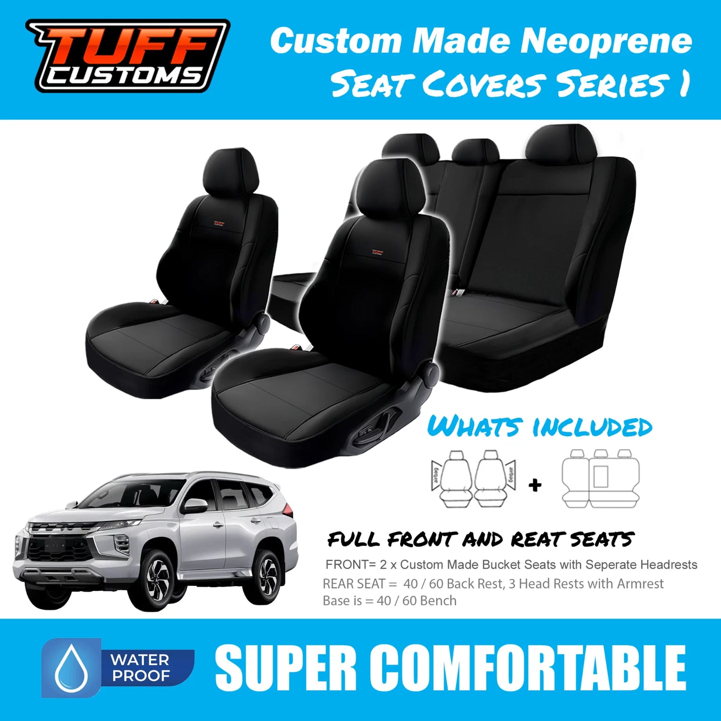 TUFF Customs S1 Neoprene Seat Covers 2 Rows For Mitsubishi Pajero Sport GLX GLS GSR EXCEED 1/2016-2024