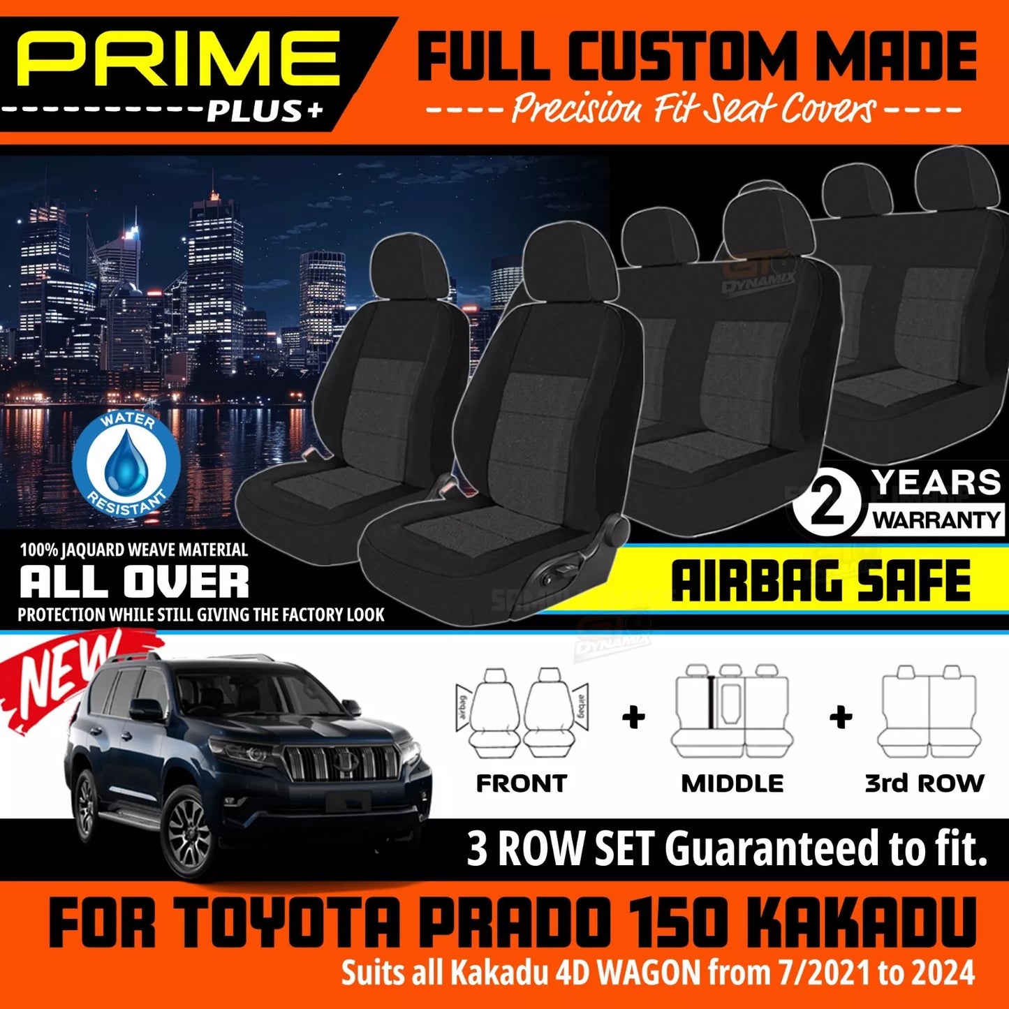 PRIME PLUS Seat Covers 3 Rows Black For Toyota Prado 150 Series Kakadu 7/2021-2025