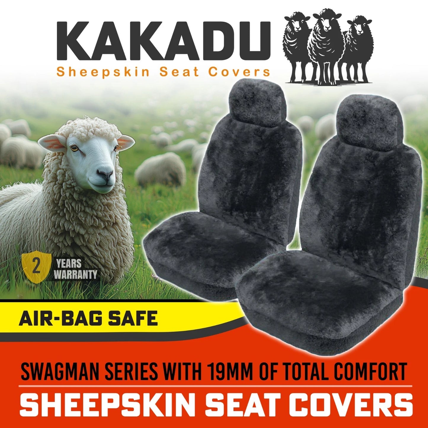 KAKADU Swagman Front Sheepskin Seat Covers 2 Year Warranty 19mm AIRBAG CHARC
