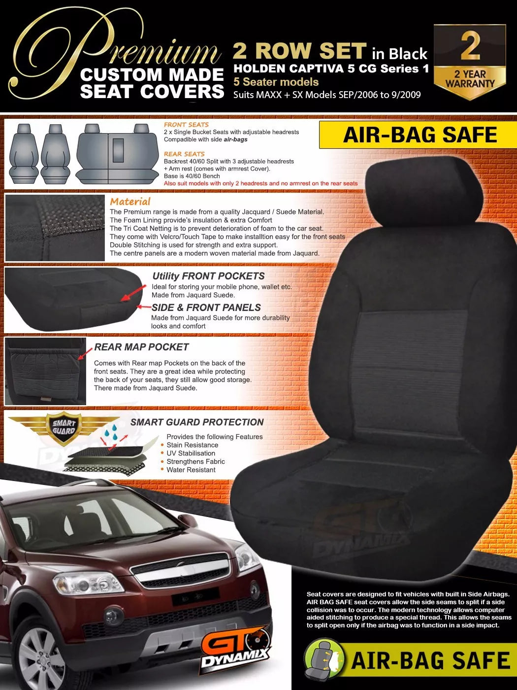 Premium Seat Covers 2 Rows Black For HOLDEN CAPTIVA 5 CG MAXX SX 9/2006-1/2009