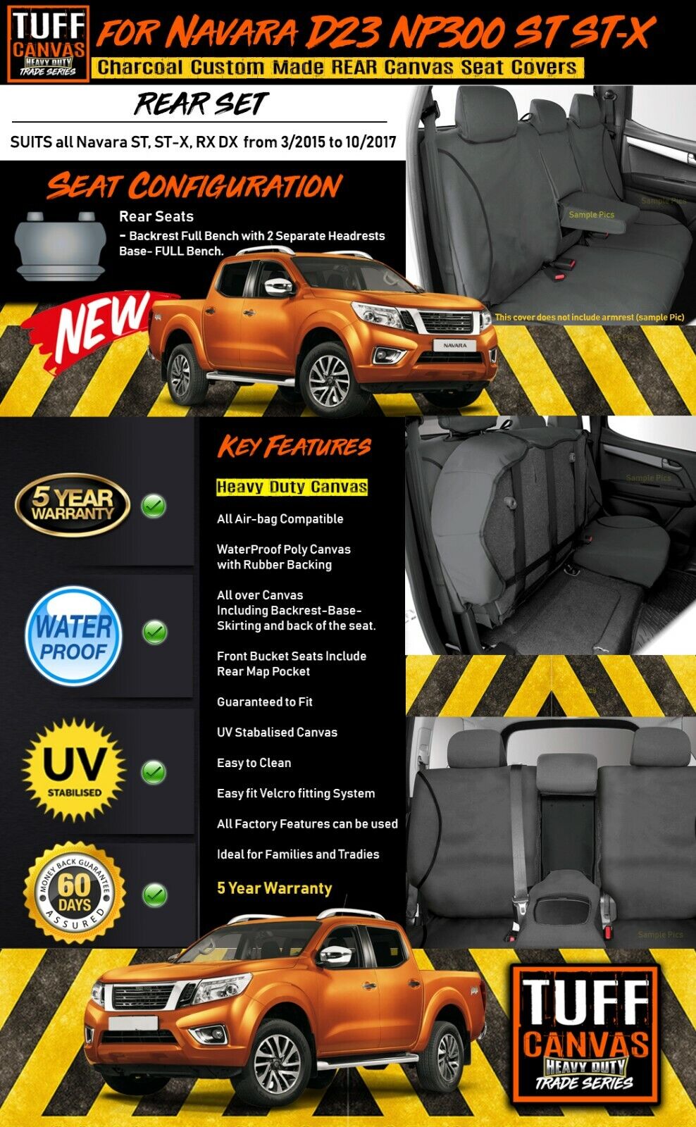 TUFF HD TRADE Canvas Seat Covers Rear For Nissan Navara D23 NP300 ST ST-X 3/2015-10/2017 Charcoal