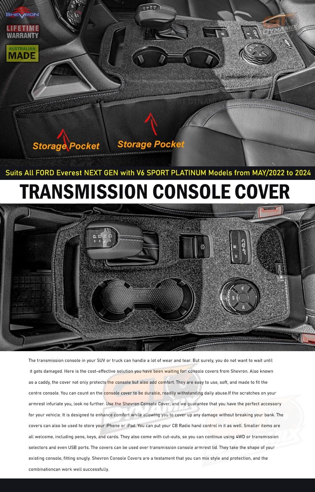 Shevron Transmission Console Cover + Blue Stitching For Ford Everest Next Gen Ambiente Trend Sport Platinum 6/2022-2024