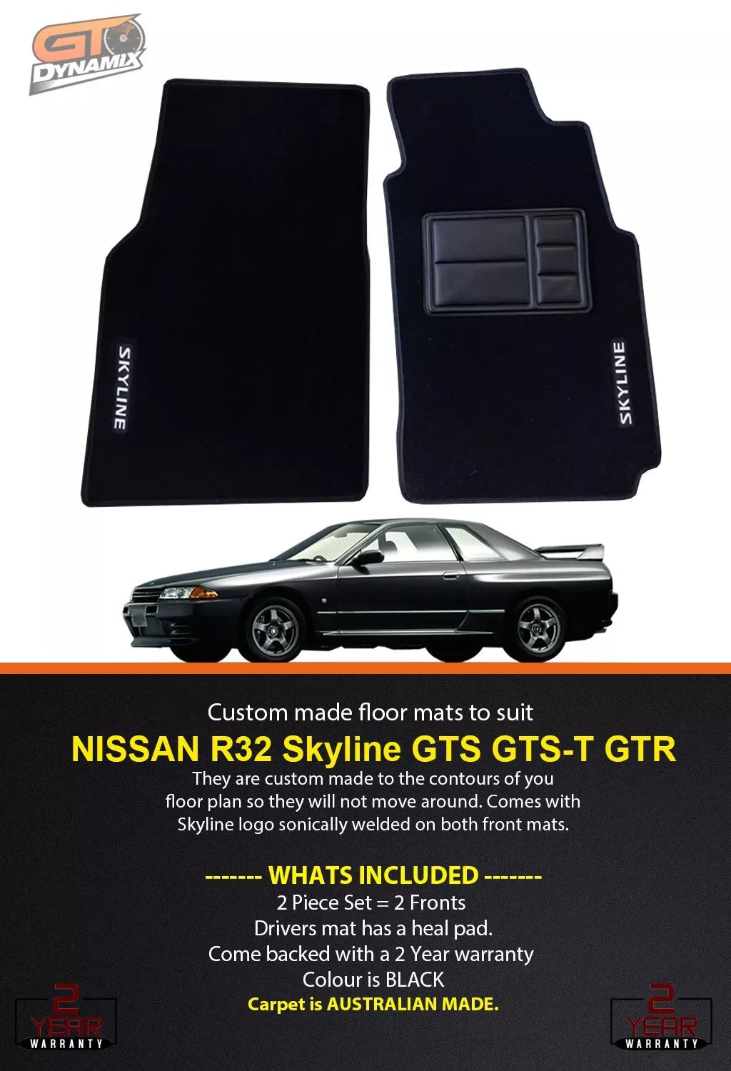 Custom Made Floor Mats Front For Nissan R32 Skyline in 1989-1993 GTS-T GTS GT-R BLACK