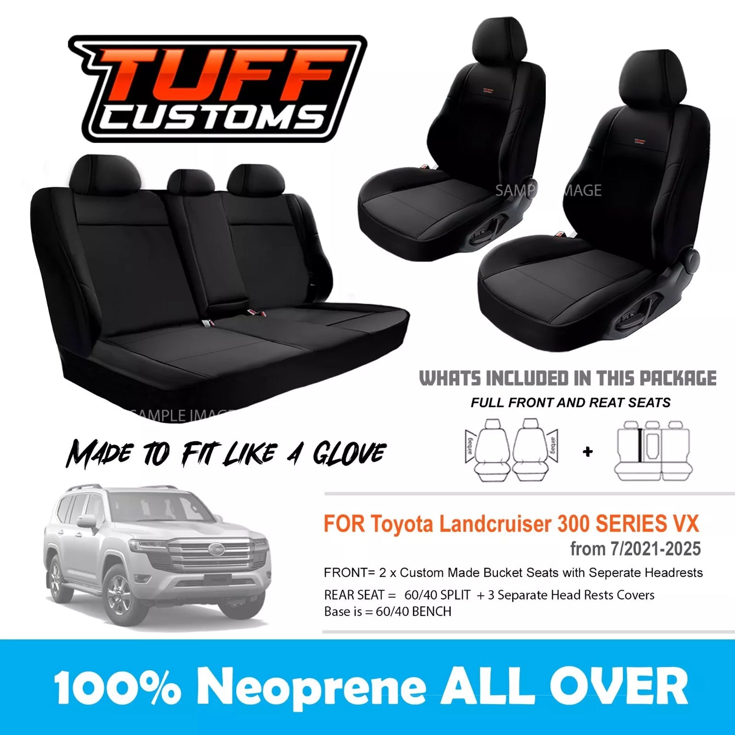 Tuff Customs Neoprene Seat Covers 2 Rows For Toyota Landcruiser 300 Series VX 7/2021-2024