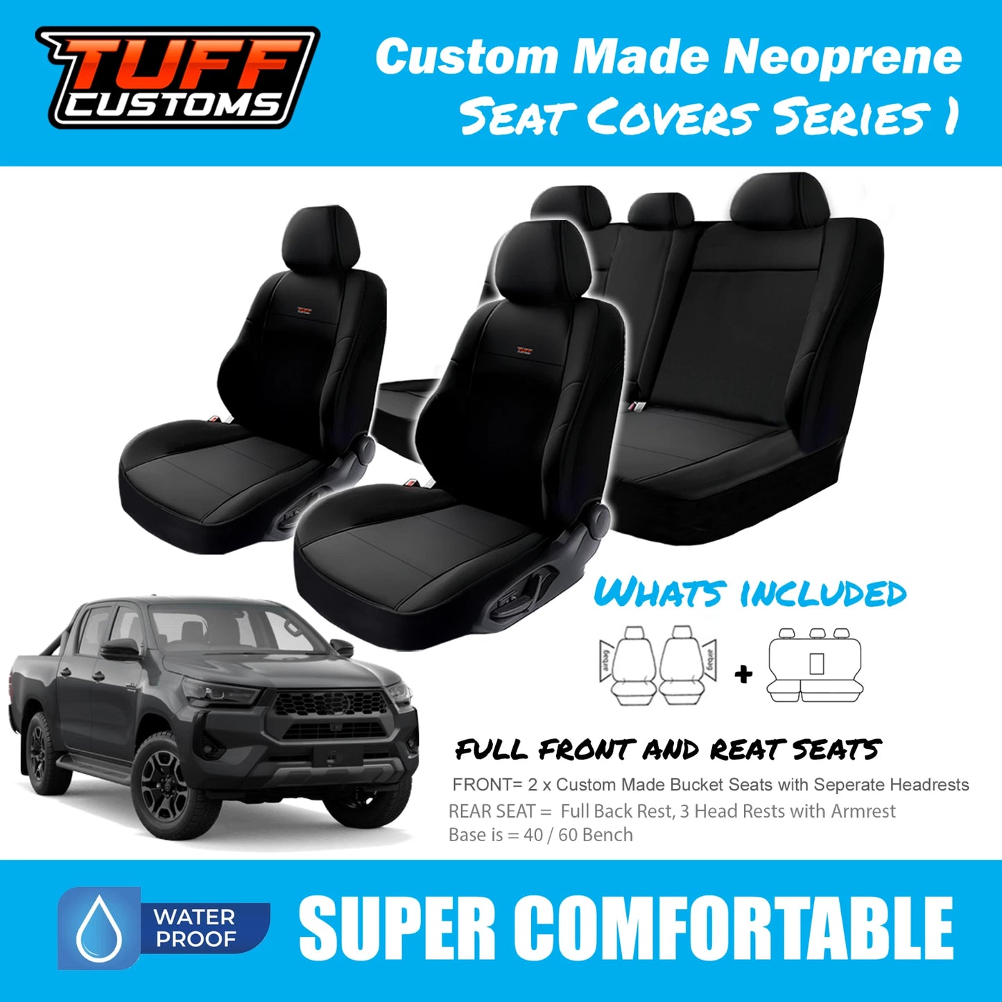 TUFF Customs S1 Neoprene Seat Covers 2 Rows For Toyota Hilux SR5 SR ROGUE 7/2015-2024