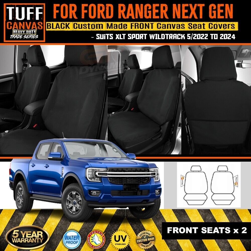 Tuff HD TRADE Canvas Seat Covers 2 Row + Dash Mat For Ford Ranger Next Gen WILDTRACK DM1652 Black