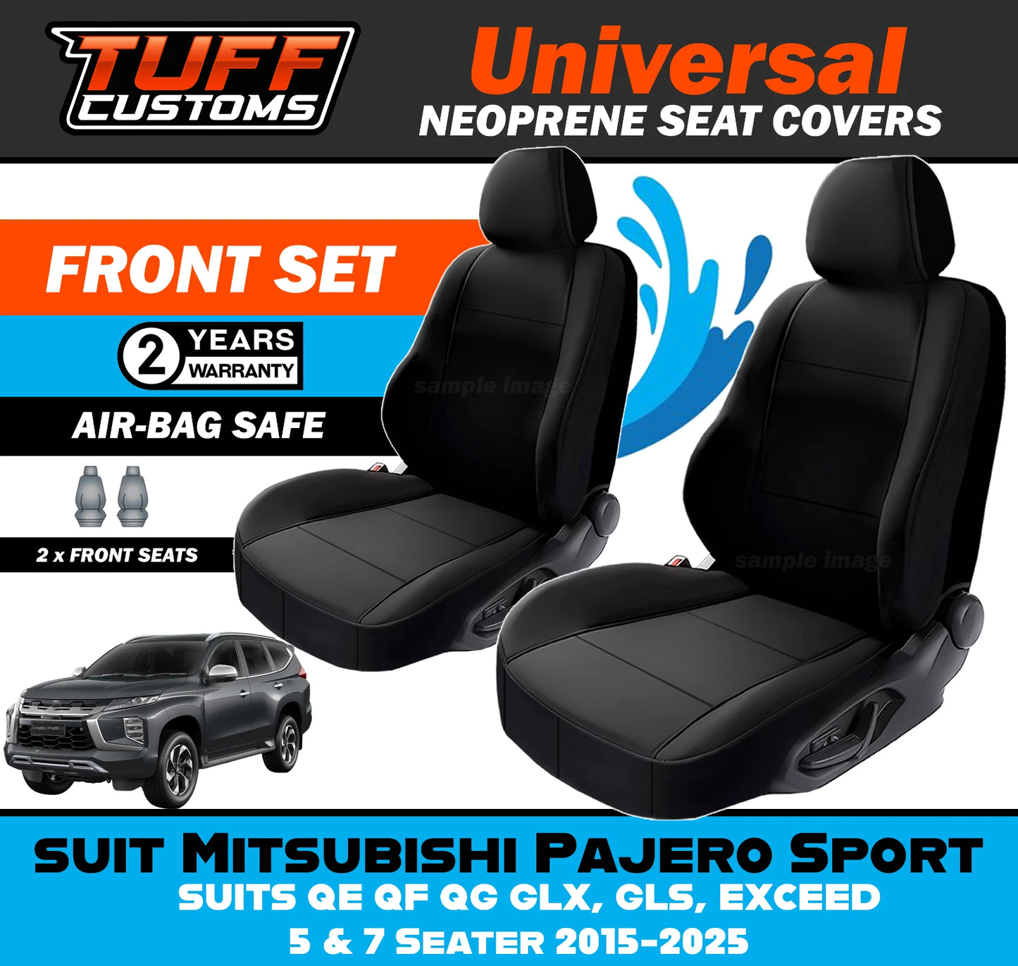 TUFF Customs Universal Neoprene Seat Covers Mitsubishi Pajero Sport QE QF QG GLX GLS EXCEED 5 & 7 Seater 2015-2025