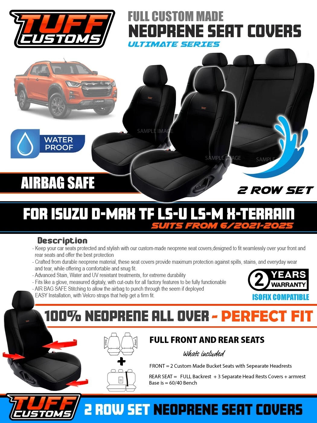 Tuff Customs Neoprene Seat Covers 2 Rows For Isuzu TF D-MAX LS-M LS-U X-Terrain 7/2020-2024