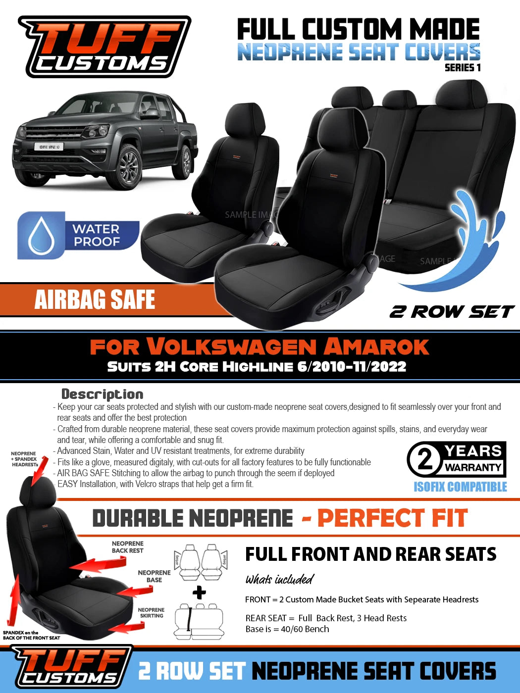 TUFF Customs S1 Neoprene Seat Covers 2 Rows For Volkswagen Amarok 2H Core Highline 6/2010-11/2022