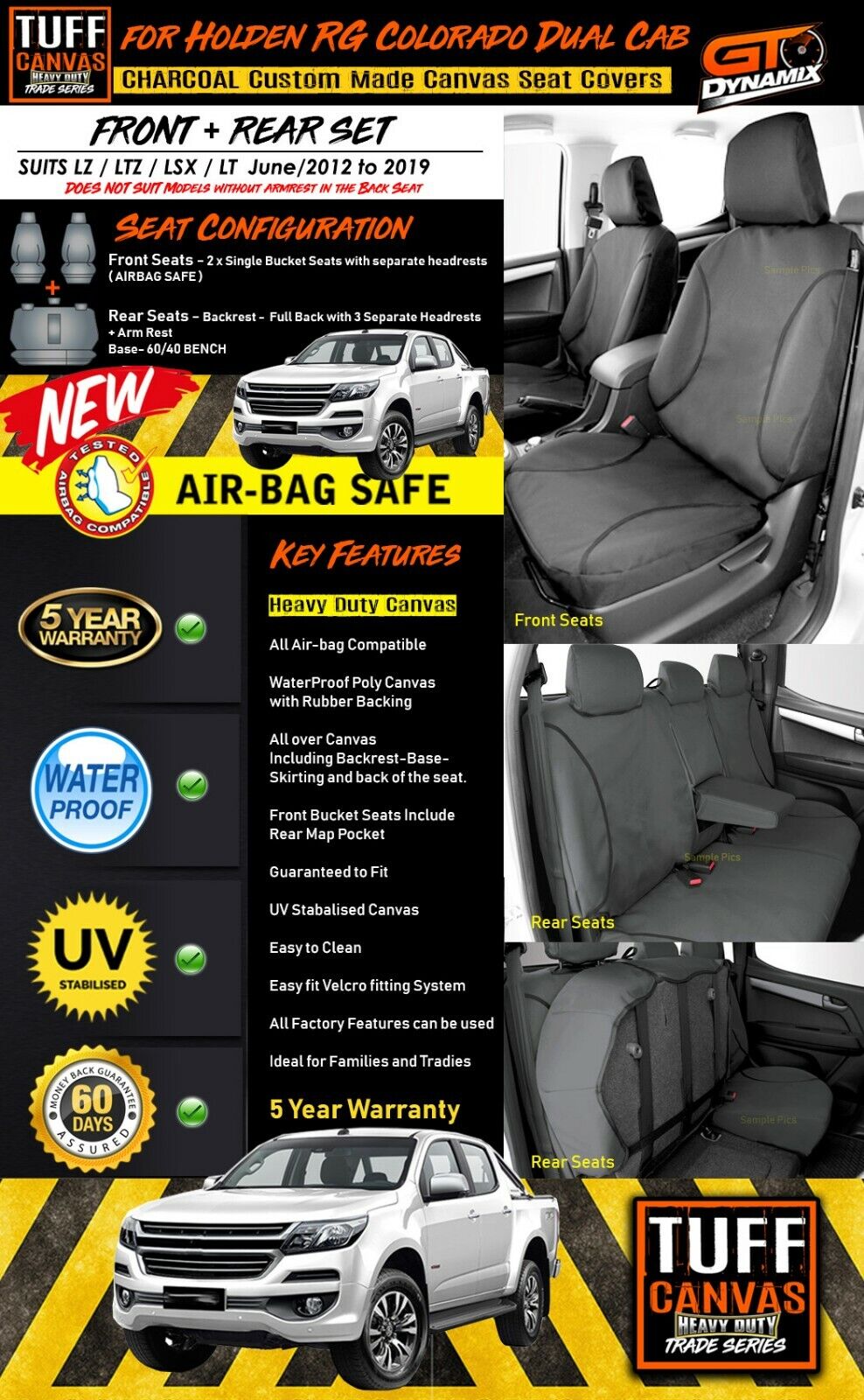 TUFF HD TRADE Canvas Seat Covers 2 Rows For Holden RG Colorado LTZ LZ LT 6/2012-2019 Charcoal