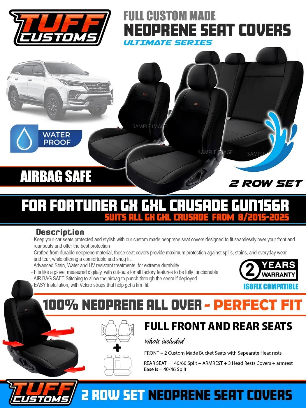 TUFF Customs Neoprene Seat Covers For Toyota Fortuner GX GXL CRUSADE 6/2021-2025 2 Rows Black