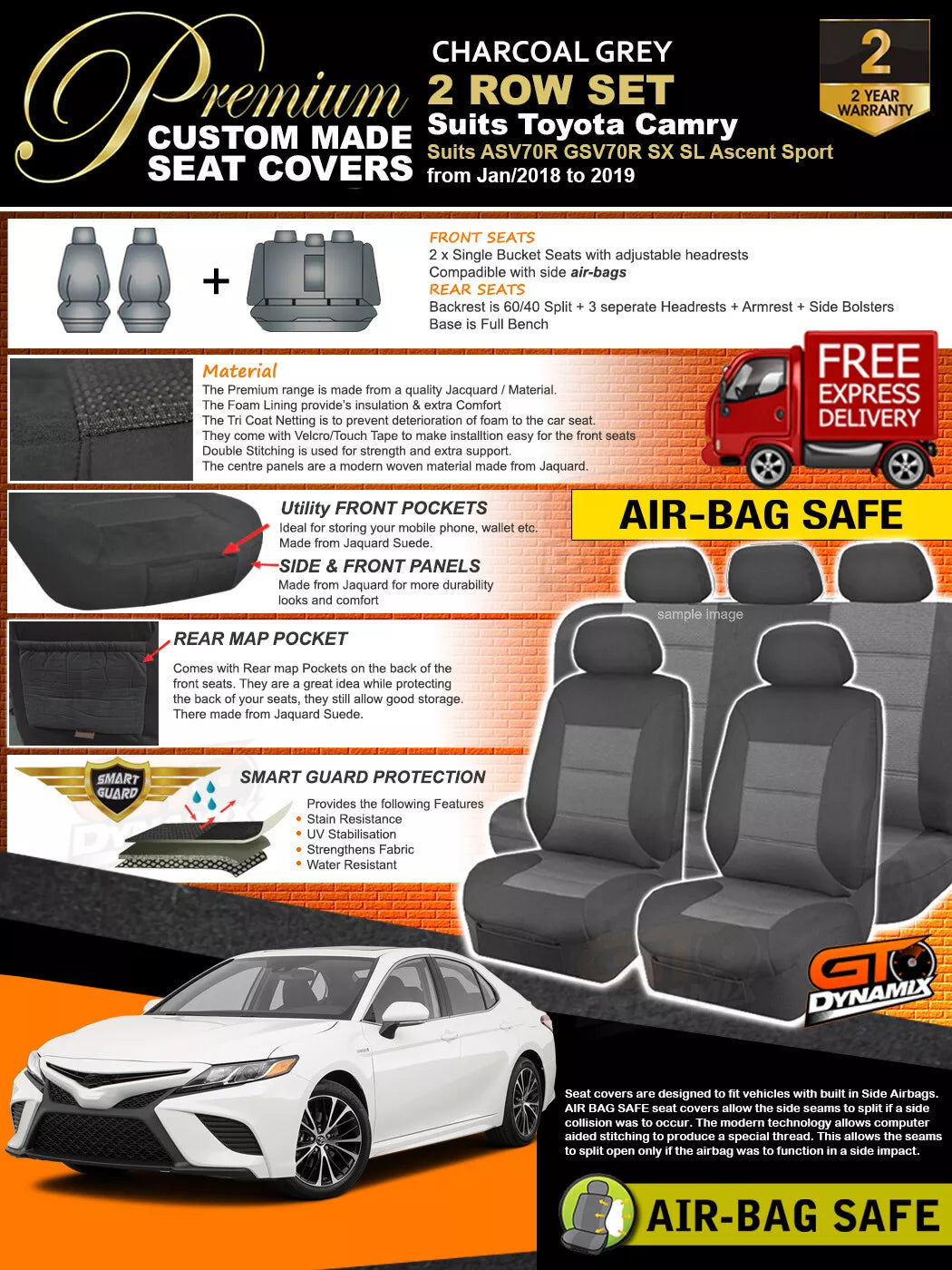 Premium Seat Covers 2 Rows Charcoal Grey For TOYOTA CAMRY ASV70R GSV70R Ascent SX 2018-2025