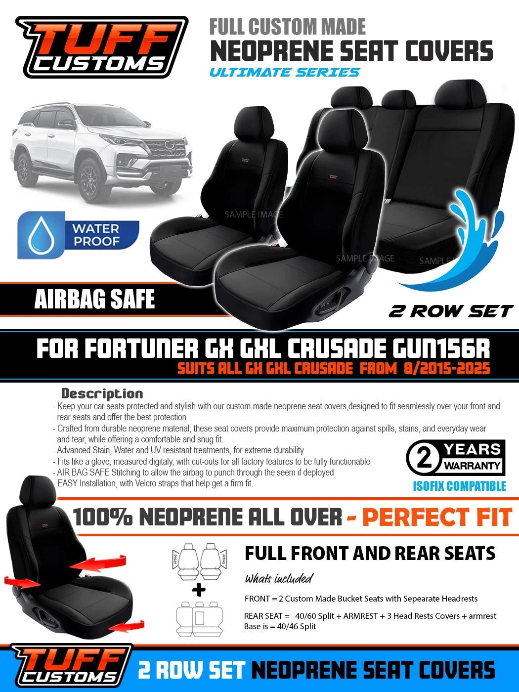 TUFF Customs Neoprene Seat Covers 2 Rows For Toyota Fortuner GX GXL CRUSADE 6/2021-2025