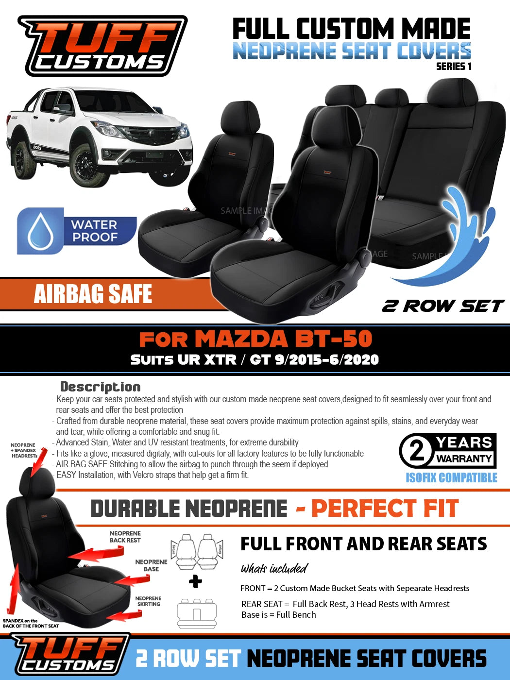 TUFF Customs S1 Neoprene Seat Covers 2 Rows For Mazda BT-50 UR XT XTR BT50 10/2015-2020
