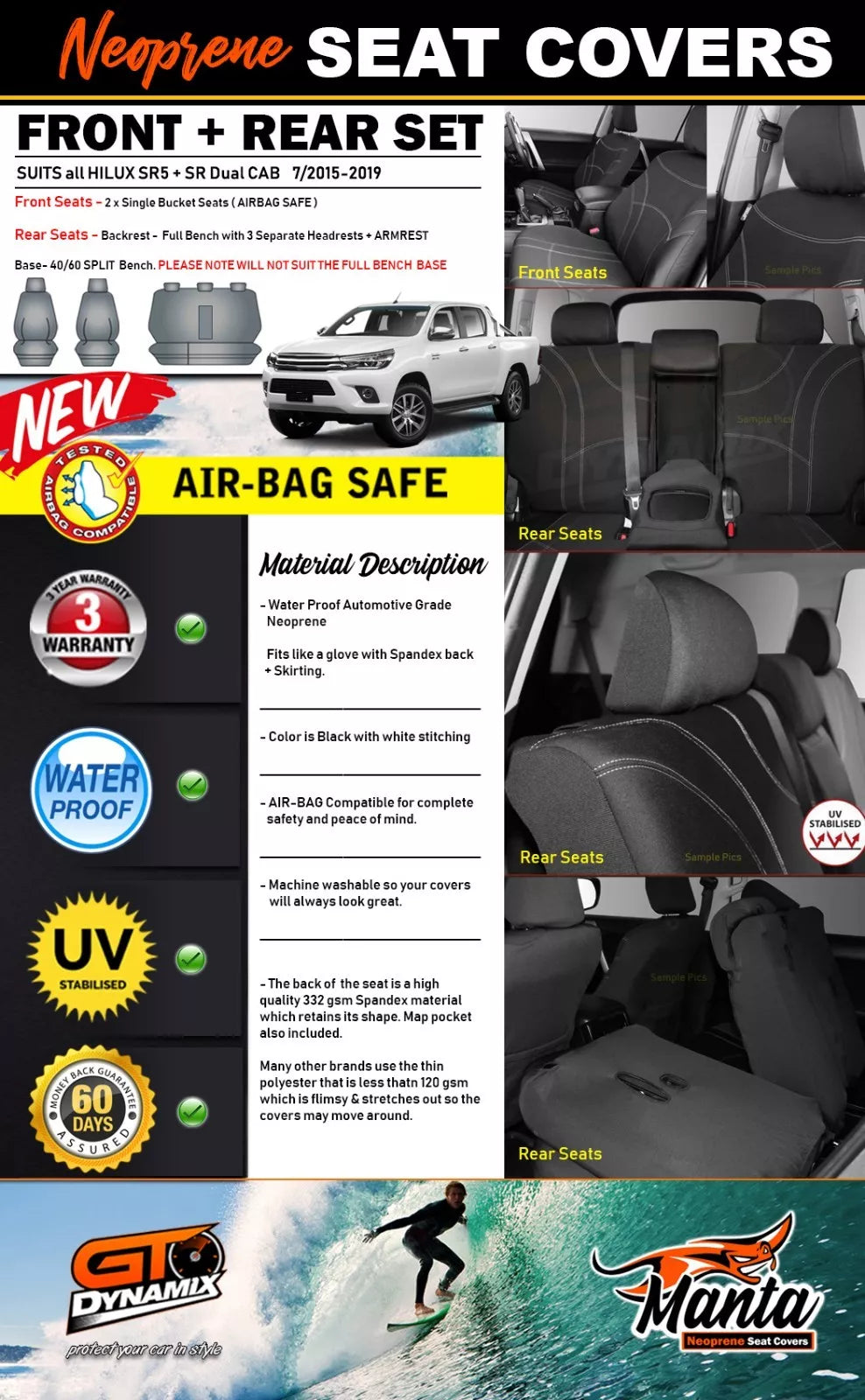 Manta Neoprene 2 Rows Seat Covers For Toyota Hilux SR5 SR 7/2015-2024