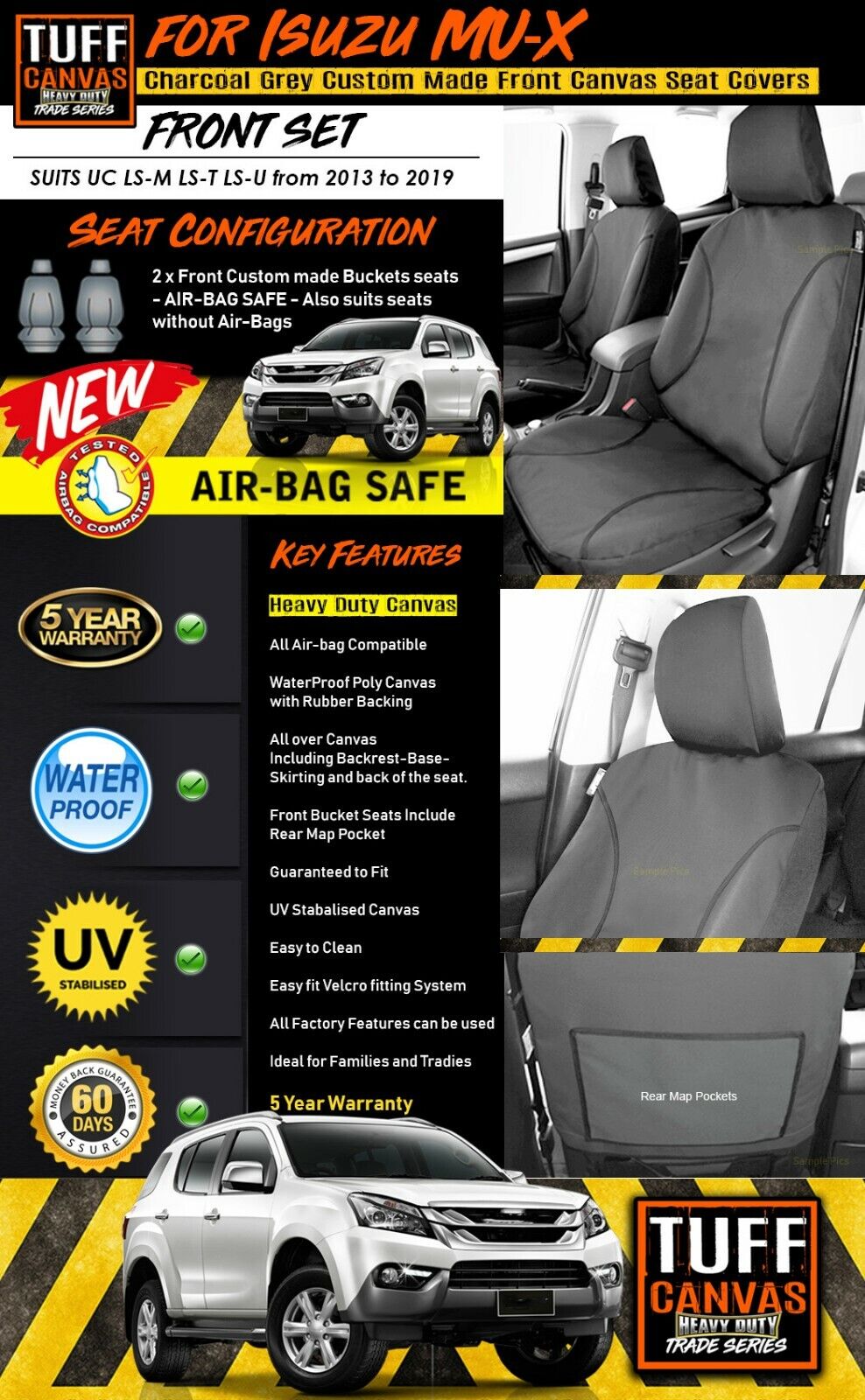 TUFF HD TRADE Canvas Seat Covers Front For Isuzu MUX MU-X LS-M LS-T LS-U 2013-2019 Charcoal
